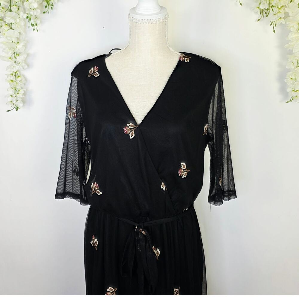 Luxology Mesh Midi Dress Size 10 Black Fall Floral Embroidered Boho Cottagecore - Picture 8 of 13